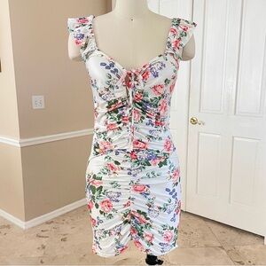 SBetro Lace Up Front Ruched Floral Dress